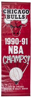 1990/91 Chicago Bulls 37 x 91 Championship Banner From the City of Chicago With 6 Signatures Including Michael Jordan & Scottie Pippen - Jordans First Title (Beckett)